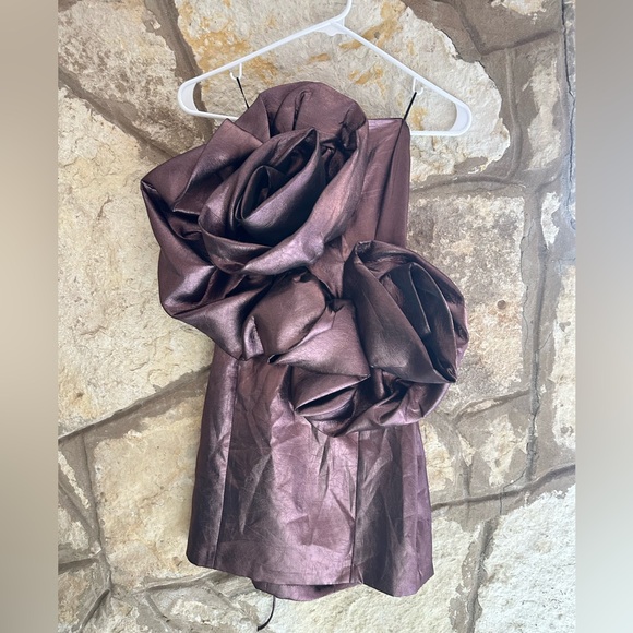 NWT Zara Voluminous Flower Rosette Bronze Brown Metallic Holiday Dress Medium - Picture 9 of 9